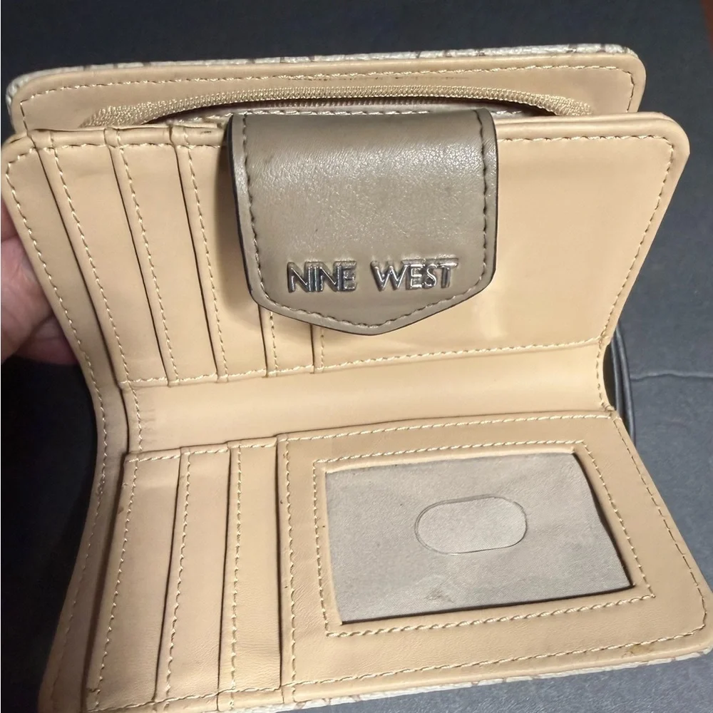 Nine West Cream and Tan Logo-Print Zip Wallet